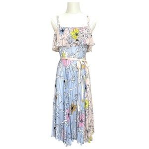 TOPSHOP Floral Print Midi Pleated Pastel Dress Ruffle Bohemian Pink Sz 4 NEW